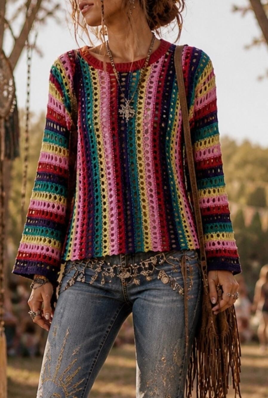 Free as a bird rainbow open knit tunic sweater bell flare sleeve striped boho S